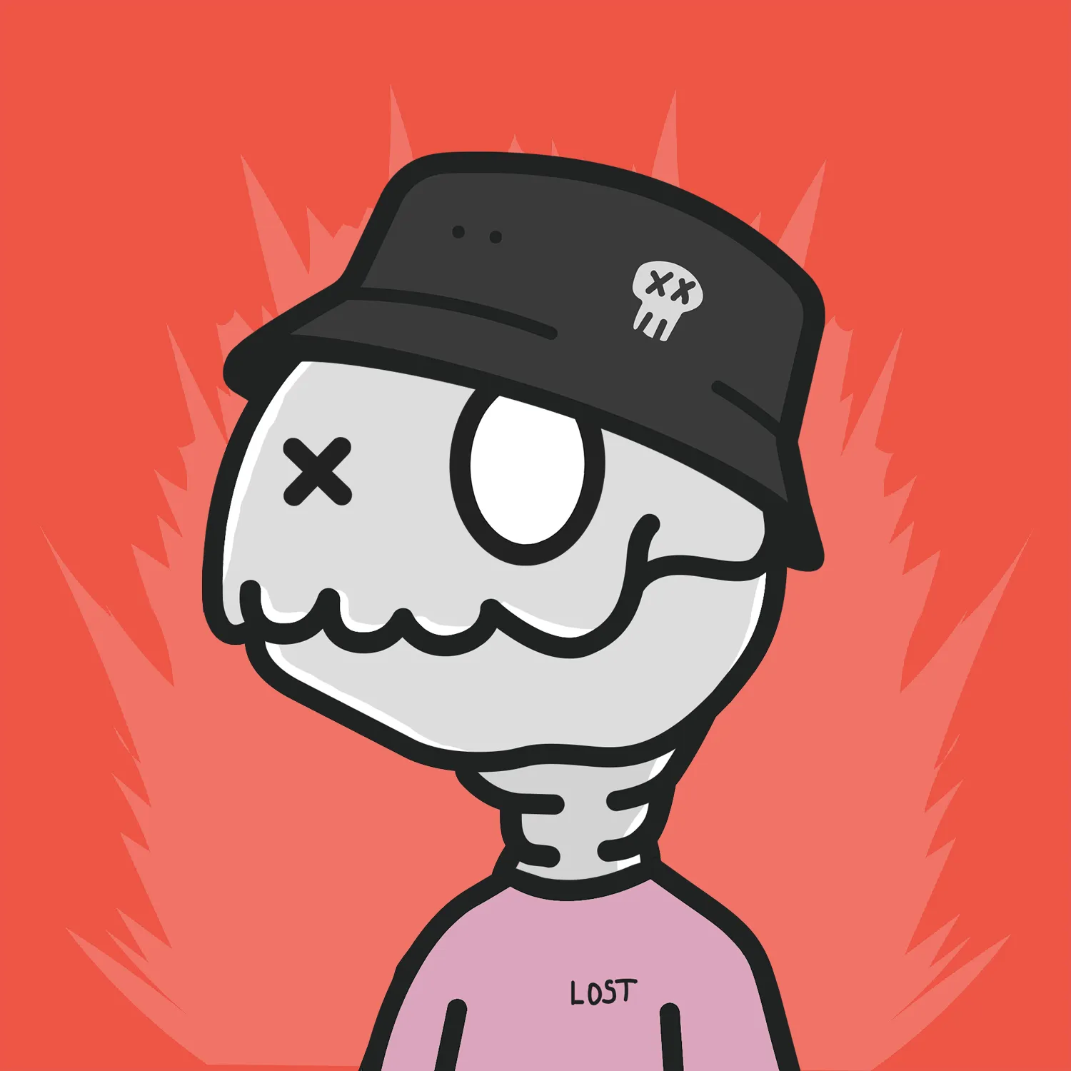Lostie #1804, a skele in a bucket hat and LO$T tee with one X eye