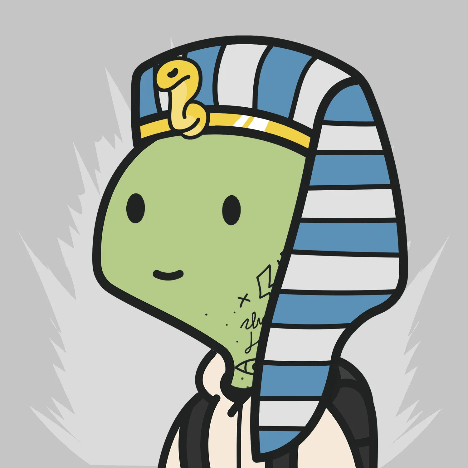 Lostie #5008, a sage-skinned zombie wearing a pharaoh nemes headdress