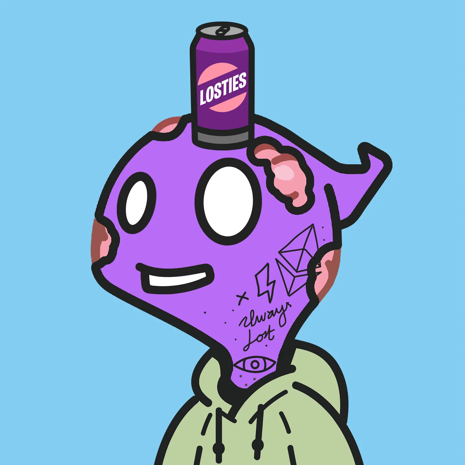 Lostie #1177, a purple-headed ghost in a green hoodie holding a brew can