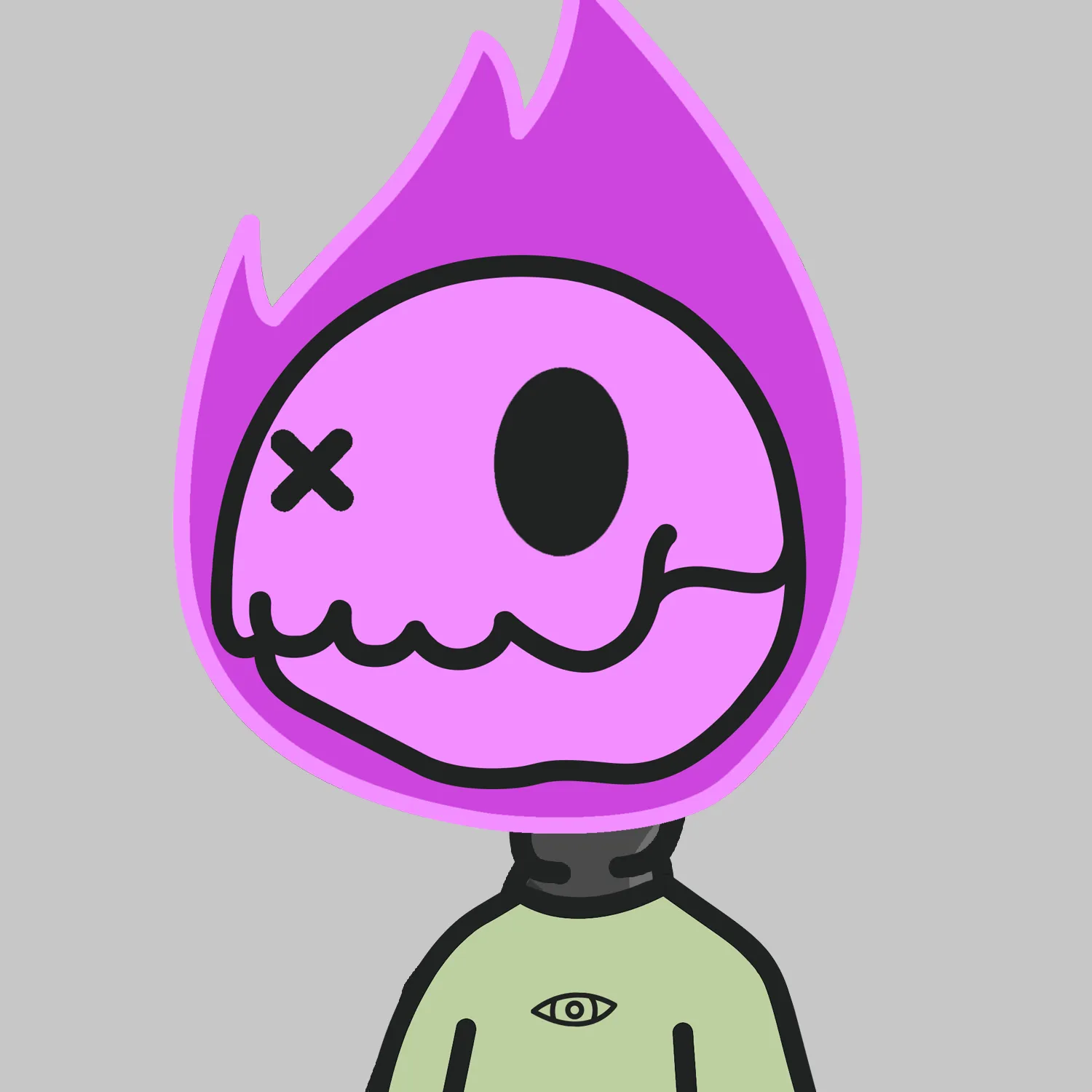 Lostie #2000, a ghost with a magenta flame head and an eye-print tee